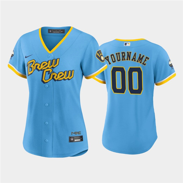 Women's Milwaukee Brewers Active Player Custom Powder Blue 2022 City Connect Cool Base Stitched Jersey(Run Small)